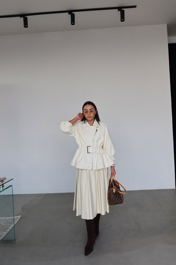 Beli Lastikli Pileli Uzun Deri Etek