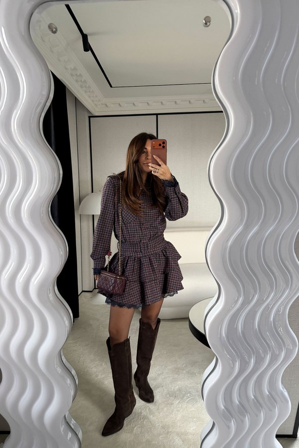 Kol ve Etek Ucu Dantel Detaylı Ekoseli Premium Elbise