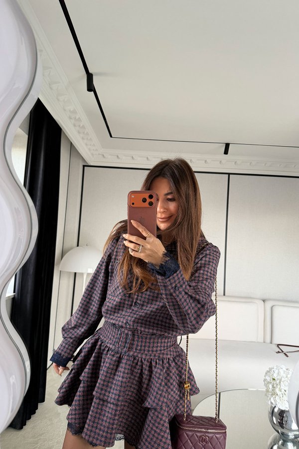 Kol ve Etek Ucu Dantel Detaylı Ekoseli Premium Elbise