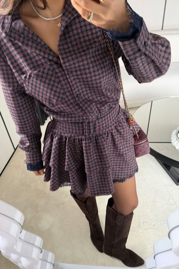 Kol ve Etek Ucu Dantel Detaylı Ekoseli Premium Elbise