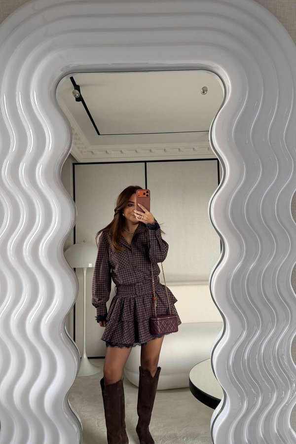 Kol ve Etek Ucu Dantel Detaylı Ekoseli Premium Elbise