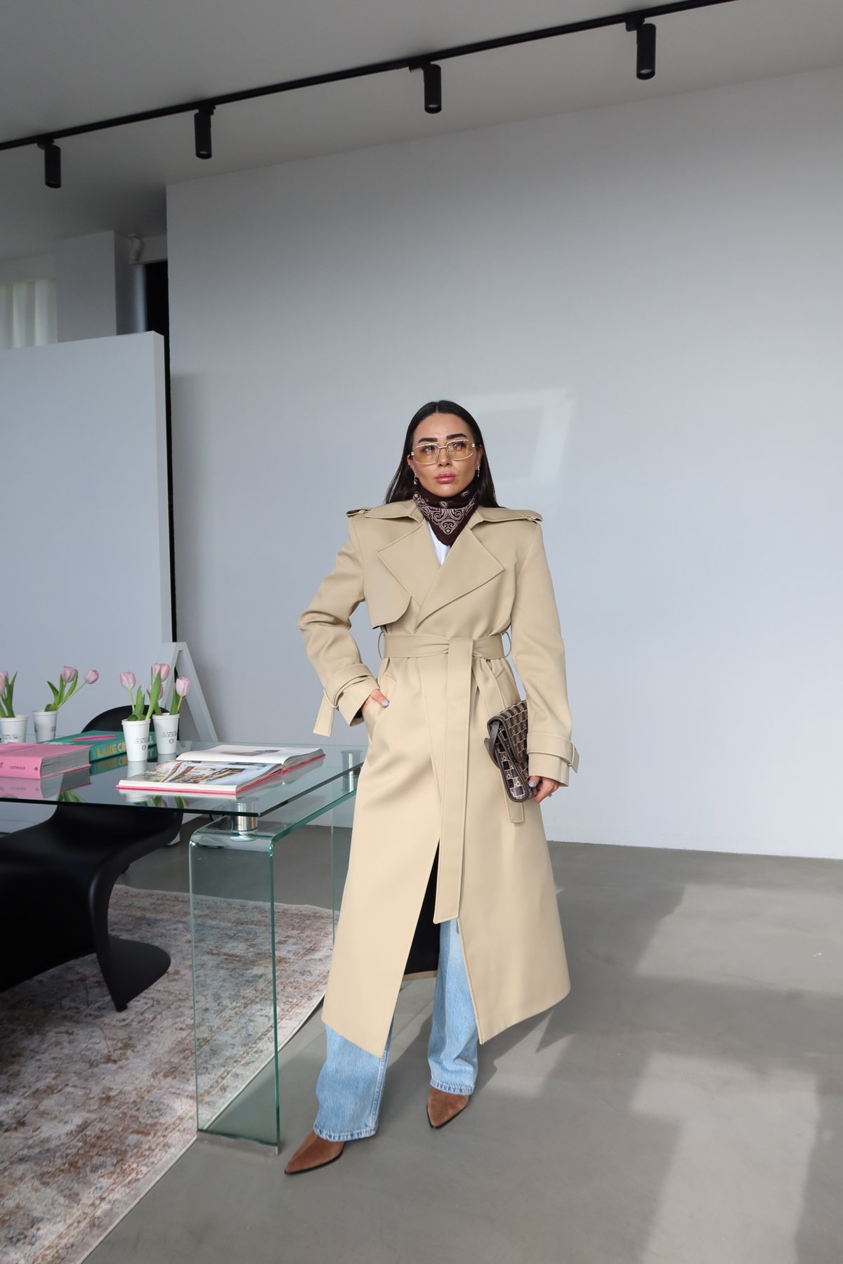 Kruvaze Yaka Kendinden Kuşaklı Premium Trenç