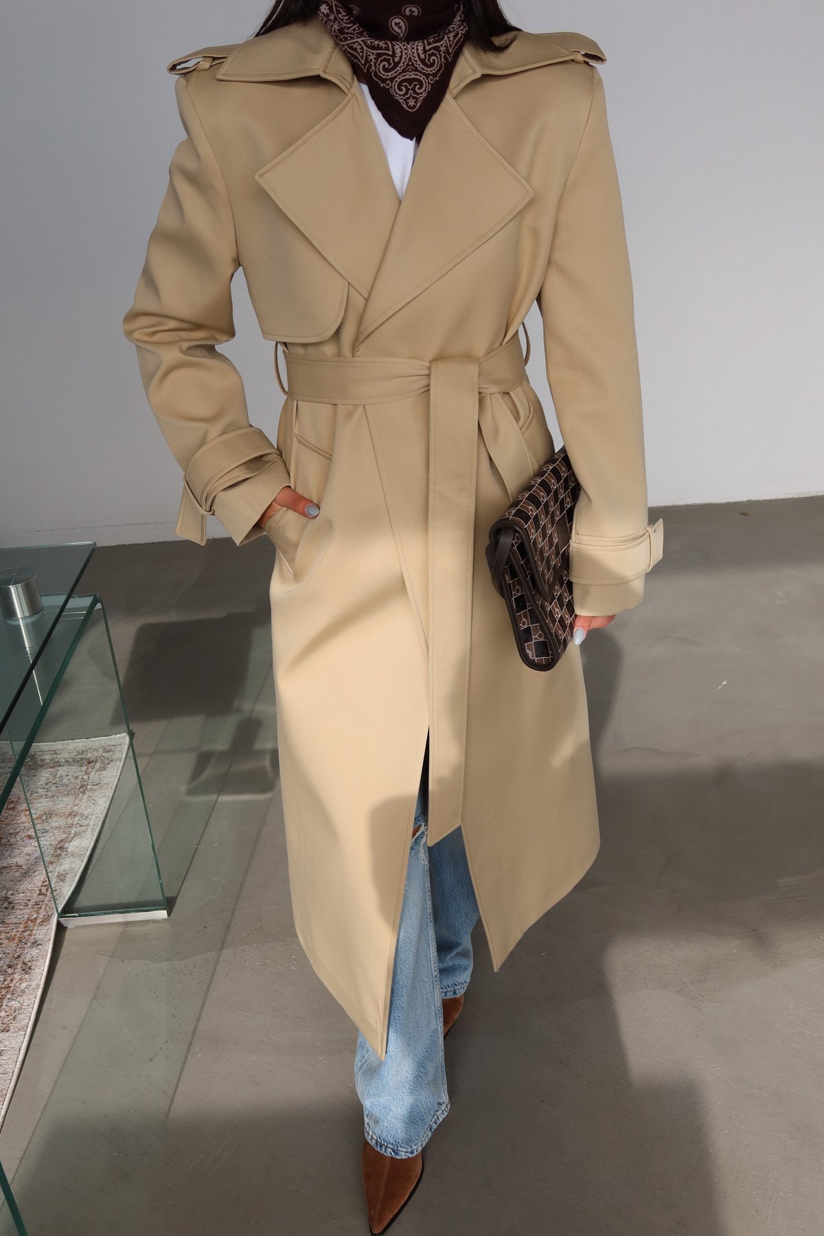 Kruvaze Yaka Kendinden Kuşaklı Premium Trenç