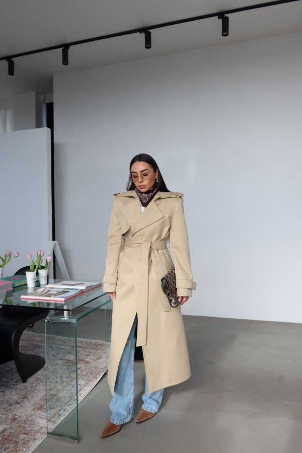 Kruvaze Yaka Kendinden Kuşaklı Premium Trenç