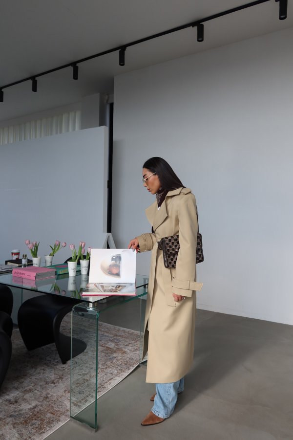 Kruvaze Yaka Kendinden Kuşaklı Premium Trenç