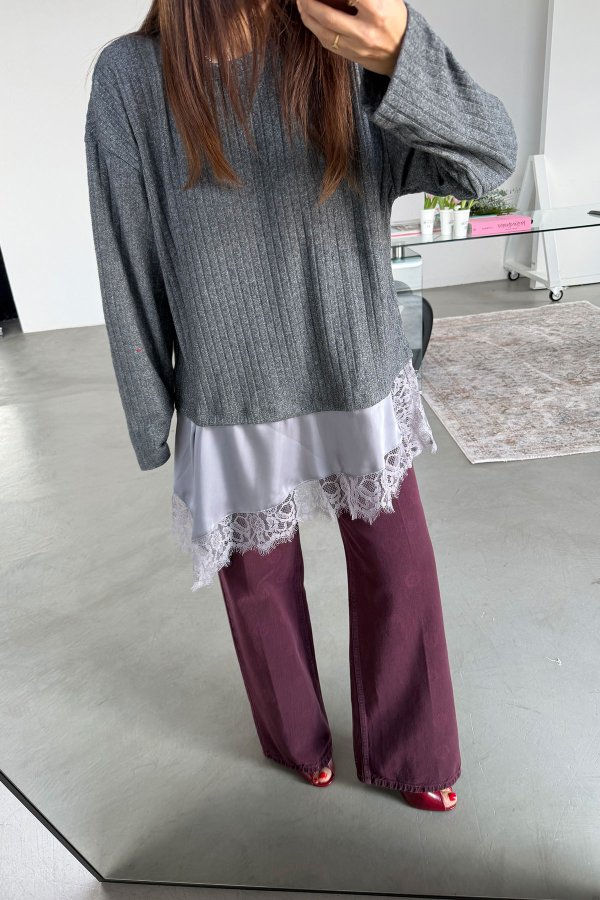 Altı Dantel Parçalı Fitilli Triko Bluz