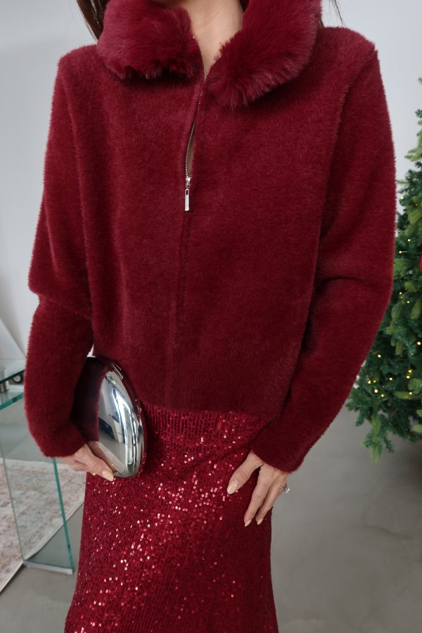 Yakası Kürklü Gizli Fermuarlı Yün Ceket