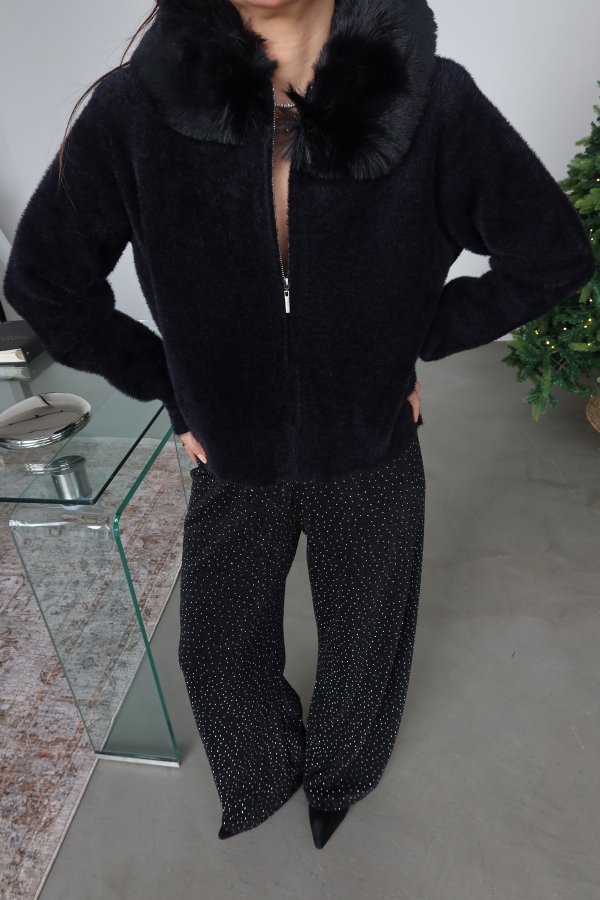 Yakası Kürklü Gizli Fermuarlı Yün Ceket