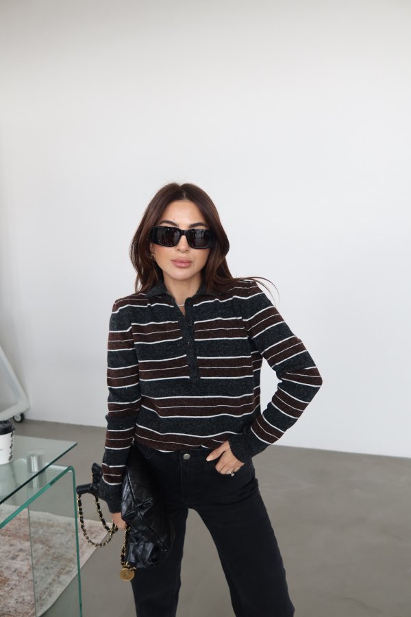 Polo Yaka Çizgili Triko Kazak