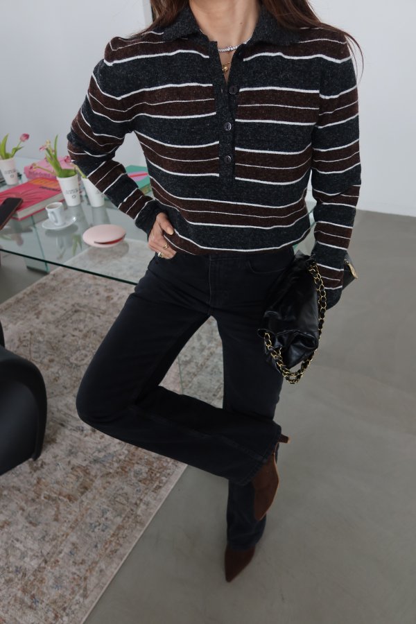 Polo Yaka Çizgili Triko Kazak