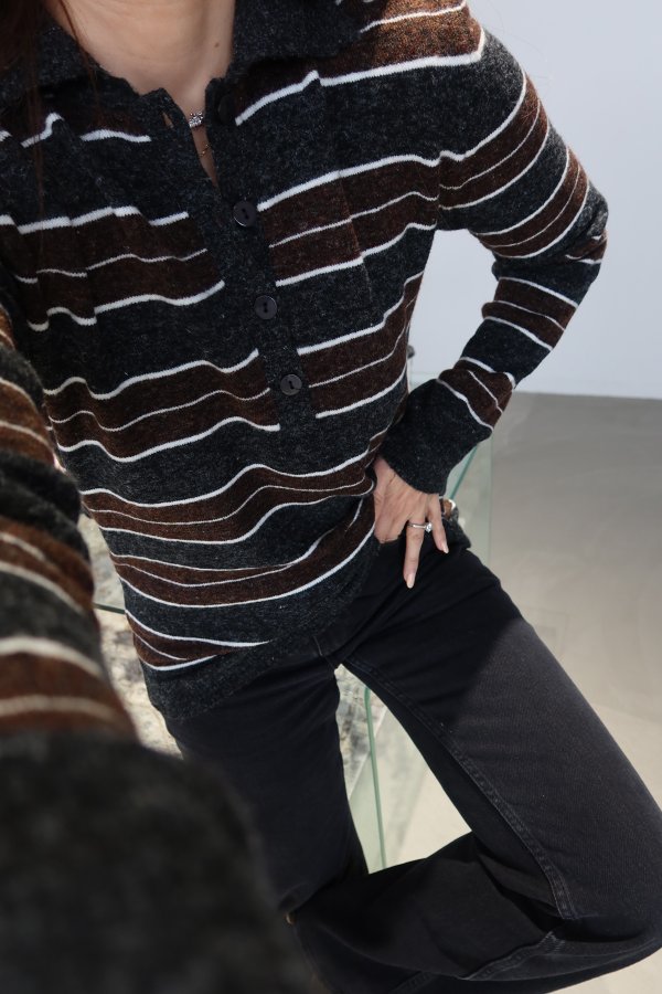 Polo Yaka Çizgili Triko Kazak