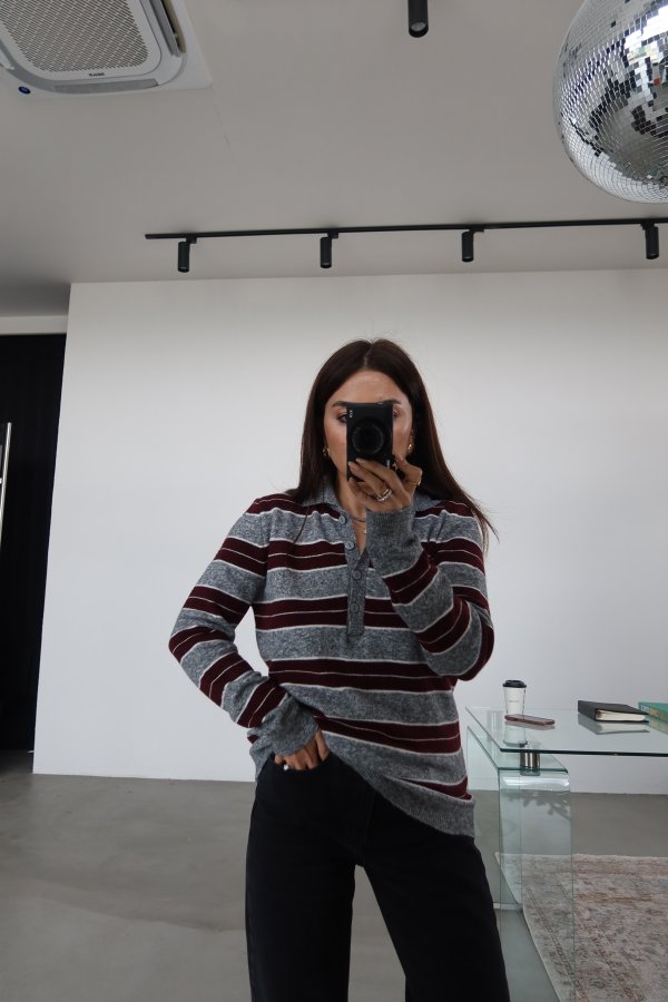 Polo Yaka Çizgili Triko Kazak