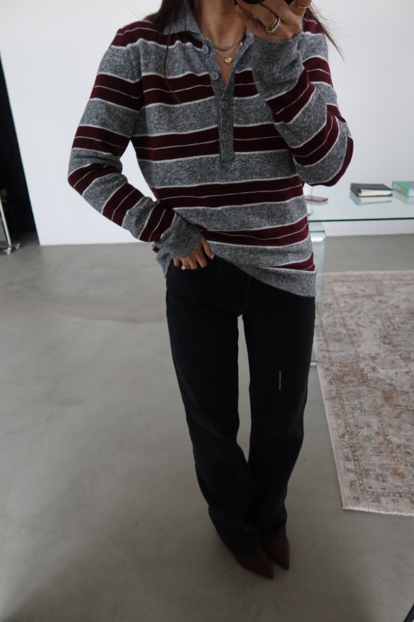 Polo Yaka Çizgili Triko Kazak