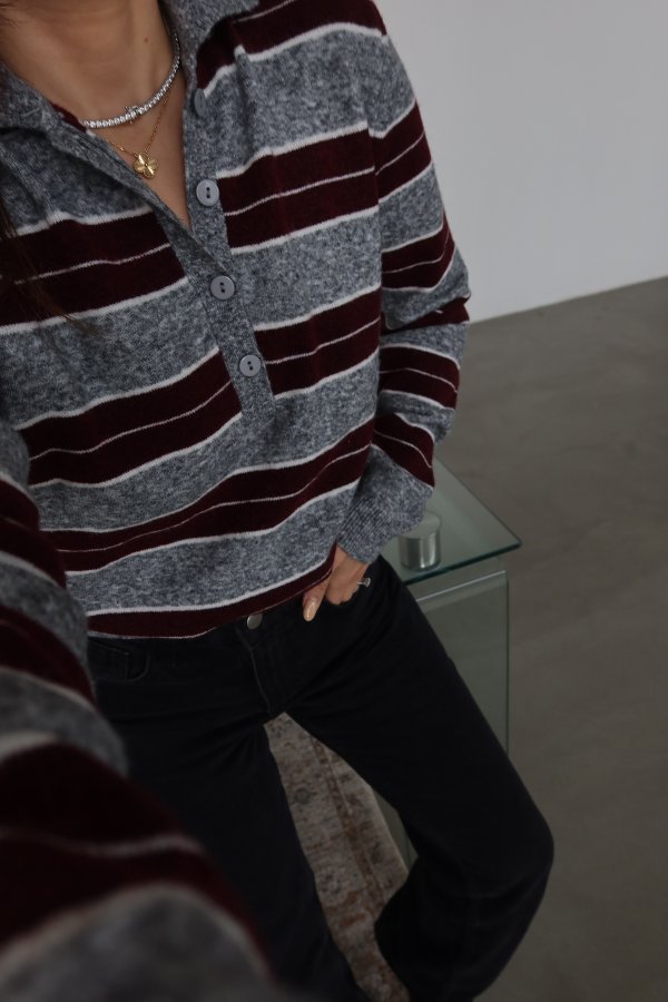 Polo Yaka Çizgili Triko Kazak