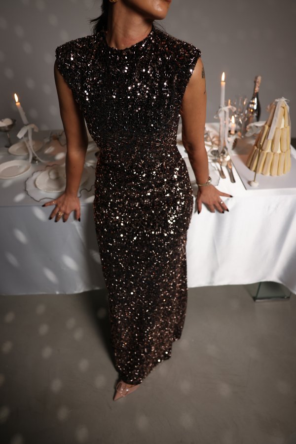 Kolsuz Pul Payetli Uzun Elbise