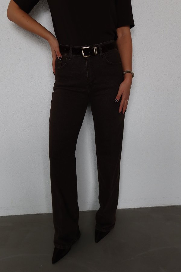 Yıkamalı Süet Kemerli Wideleg Jean