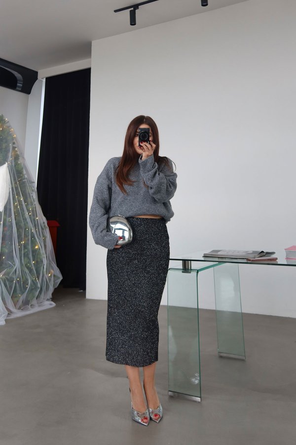 Yırtmaçlı Simli Kalem Etek