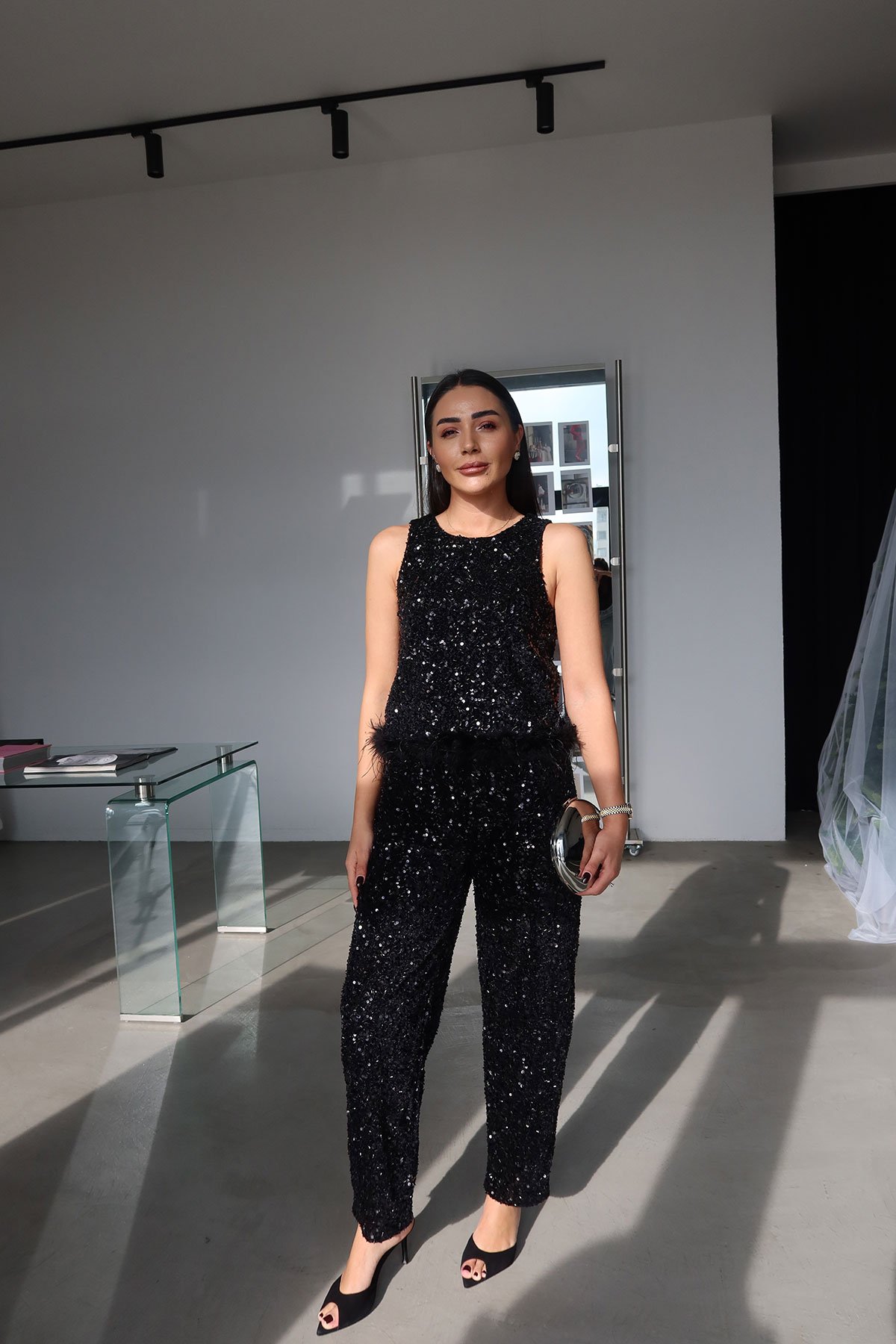 Pul Payet ve Otrişli Bluz Pantolon Takım