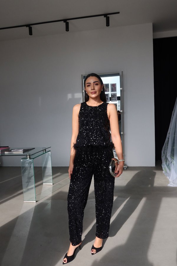 Pul Payet ve Otrişli Bluz Pantolon Takım