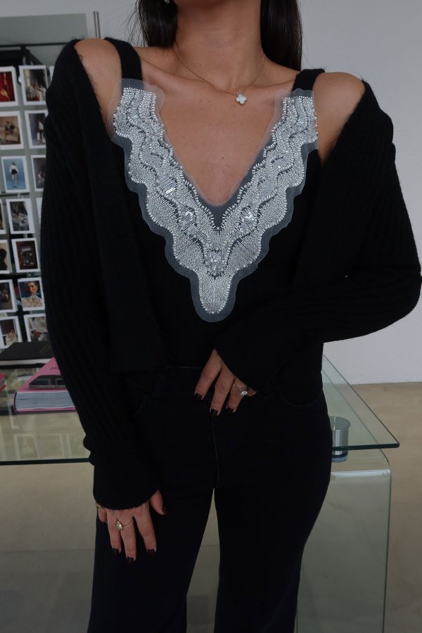 Boncuk İşlemeli Triko Büstiyer Hırka Takım