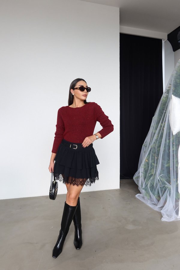 Etek Ucu Dantelli Beli Kemerli Etek