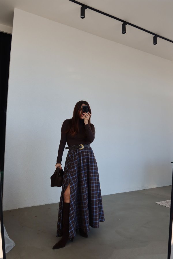 Yandan Yırtmaçlı Beli Kemerli Ekoseli Etek