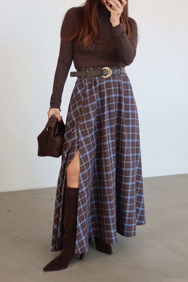 Yandan Yırtmaçlı Beli Kemerli Ekoseli Etek