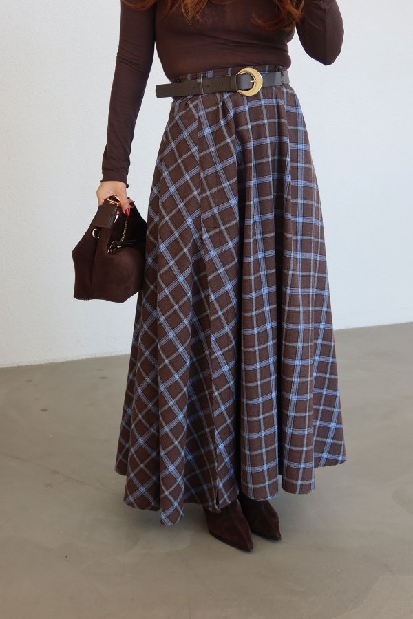 Yandan Yırtmaçlı Beli Kemerli Ekoseli Etek