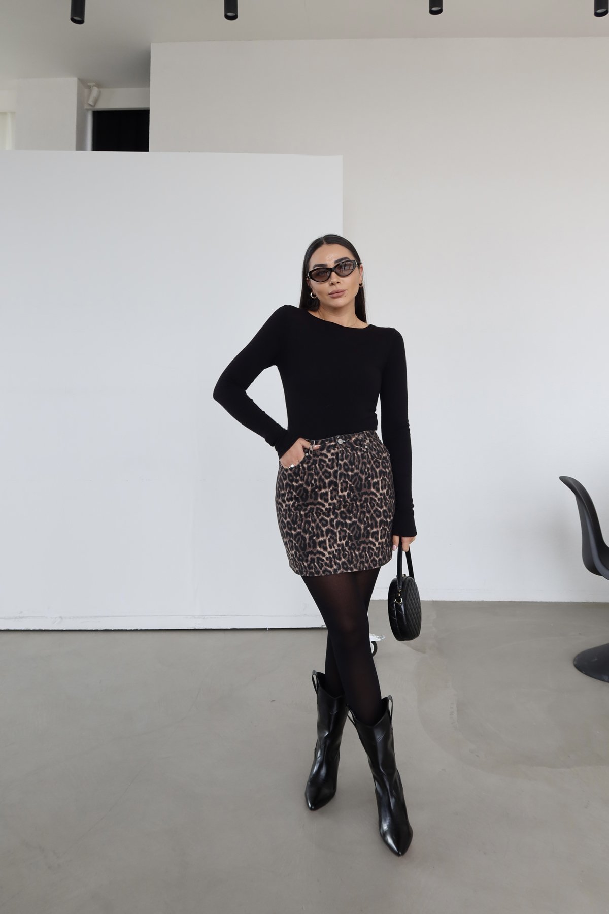 Leopar Desen Denim Etek