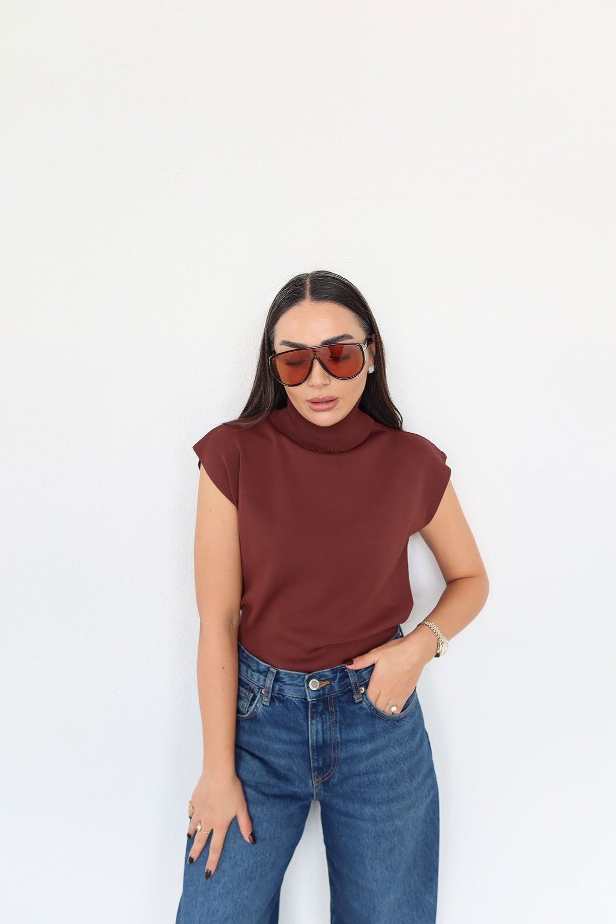 Balıkçı Yaka Kolsuz Triko Bluz