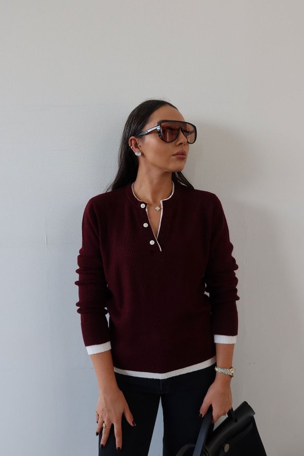 Hakim Yaka Düğmeli İki Renkli Triko