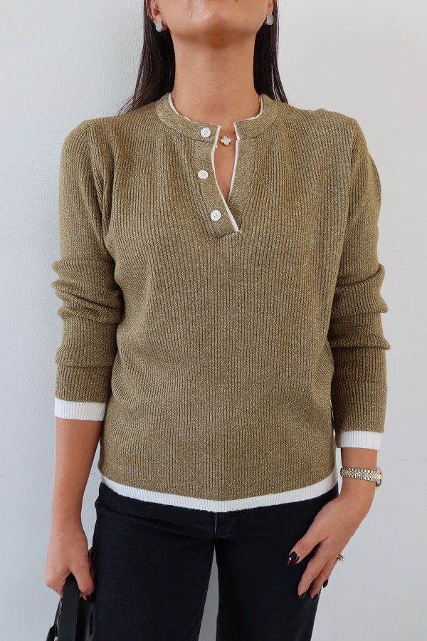 Hakim Yaka Düğmeli İki Renkli Triko