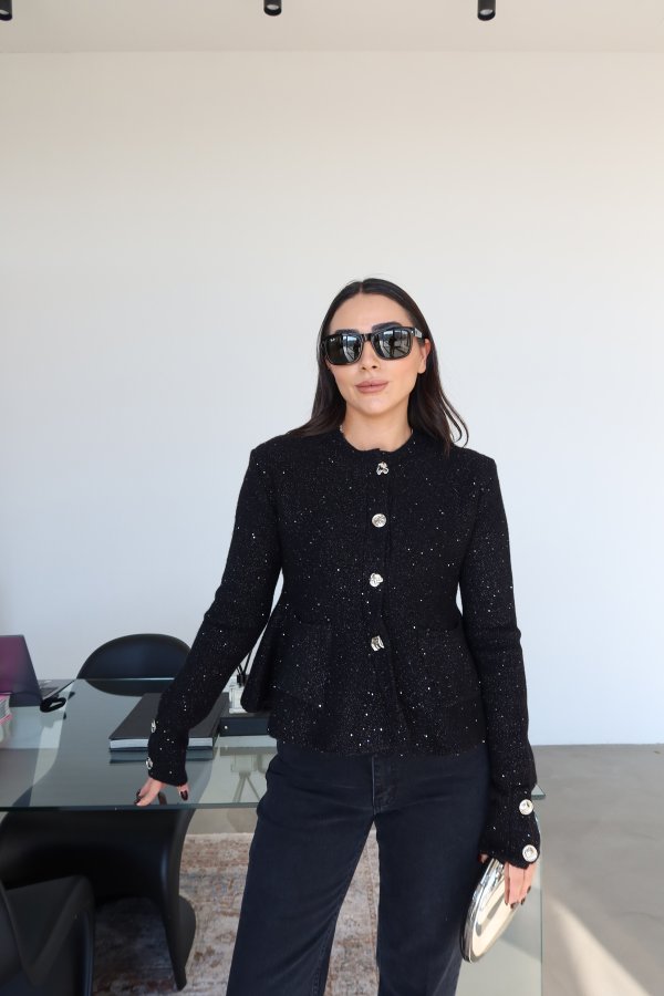 Pullu Simli Peplum Hırka