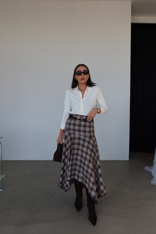 Etek Ucu Dantelli Asimetrik Kesim Ekoseli Etek