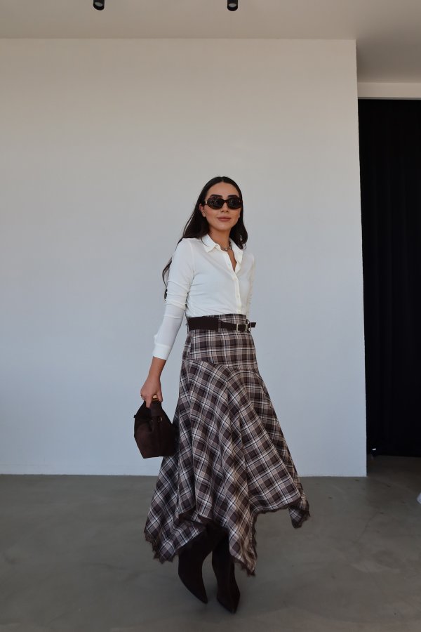 Etek Ucu Dantelli Asimetrik Kesim Ekoseli Etek