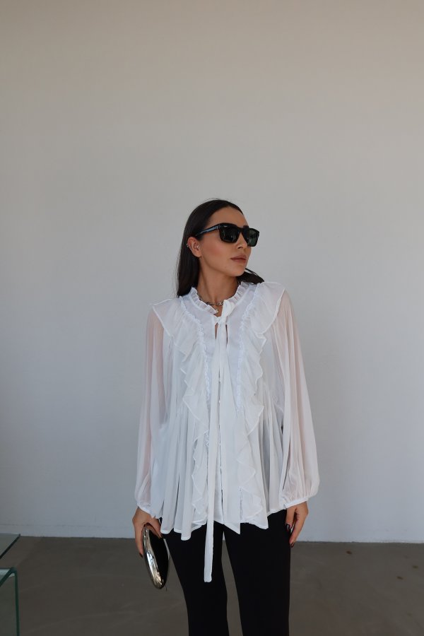 Balon Kol Fırfırlı Yakası Bağlamalı Gömlek