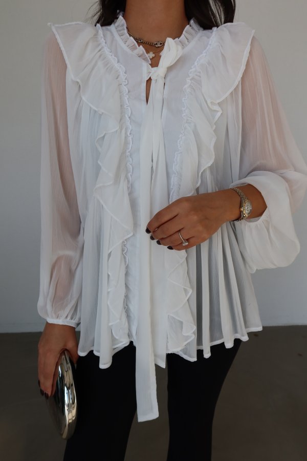 Balon Kol Fırfırlı Yakası Bağlamalı Gömlek