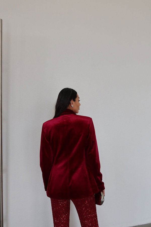 Omuzu Vatkalı Tek Düğmeli Kadife Ceket