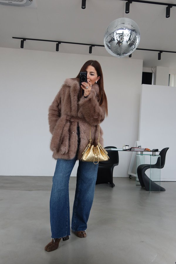 Kruvaze Yaka Kendinden Kuşaklı Kürk Ceket