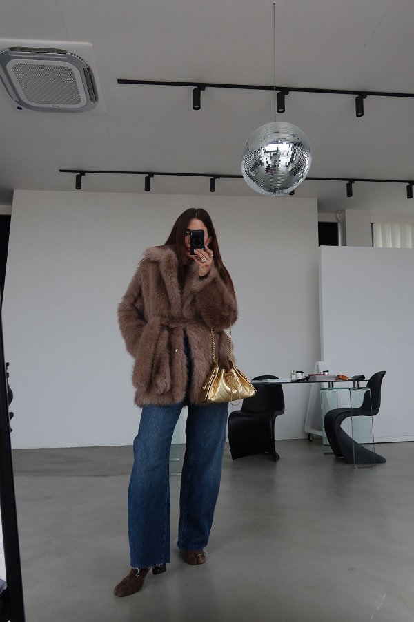 Kruvaze Yaka Kendinden Kuşaklı Kürk Ceket