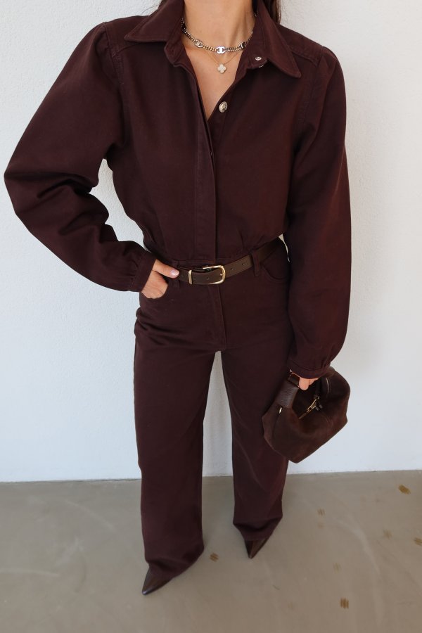 Deri Kemerli Gizli Düğmeli Denim Tulum