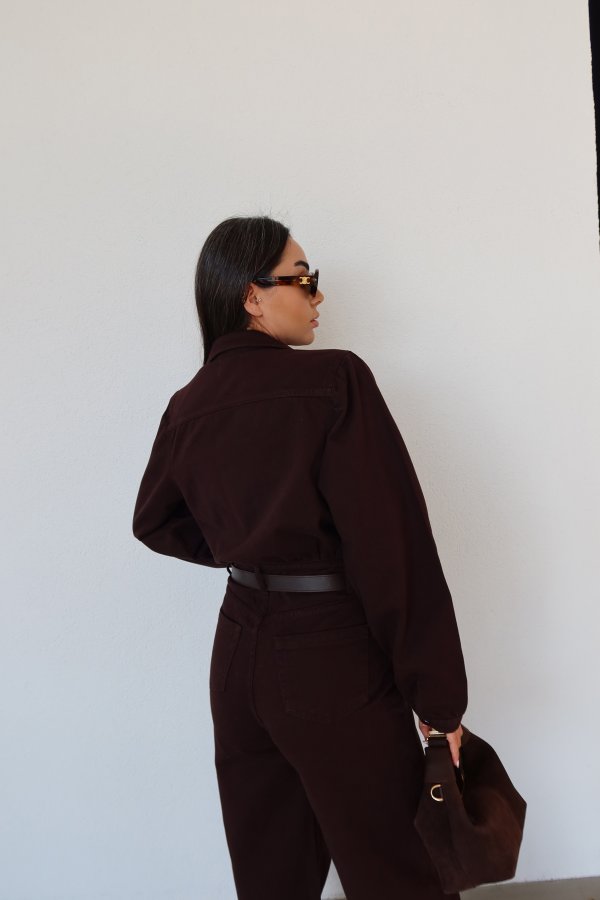 Deri Kemerli Gizli Düğmeli Denim Tulum