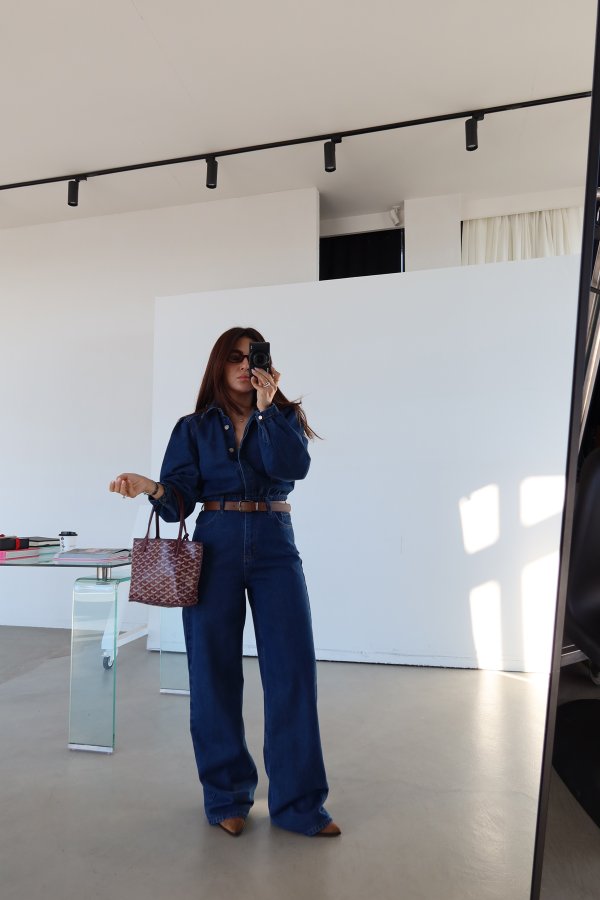 Deri Kemerli Gizli Düğmeli Denim Tulum