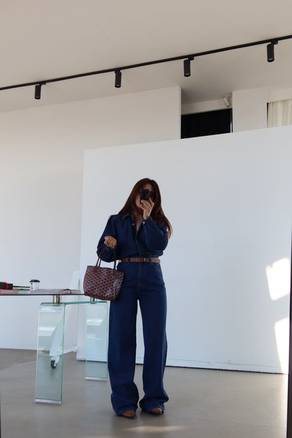 Deri Kemerli Gizli Düğmeli Denim Tulum