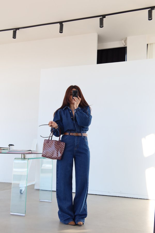 Deri Kemerli Gizli Düğmeli Denim Tulum