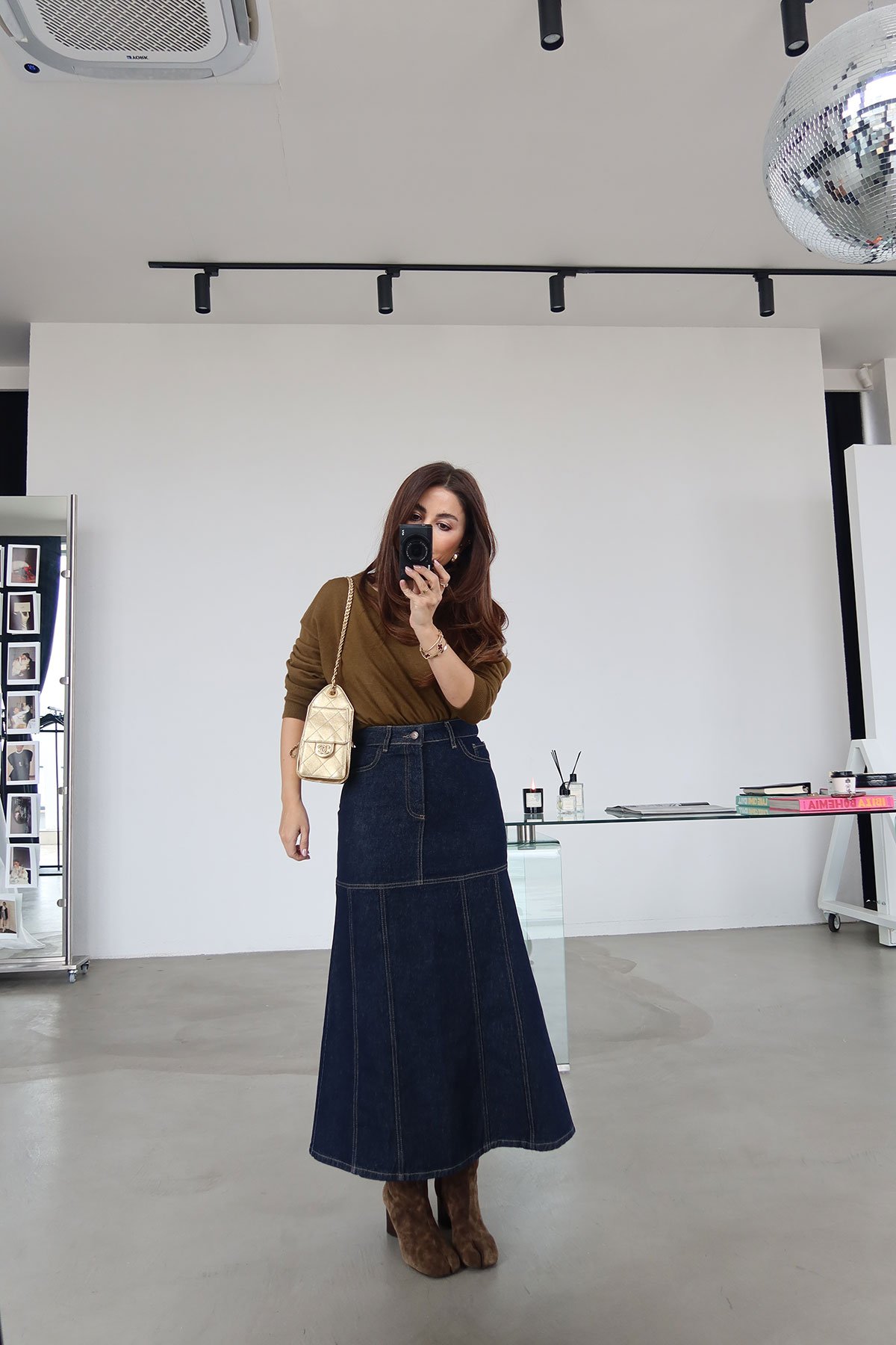 Kontrast Dikişli Uzun Denim Etek