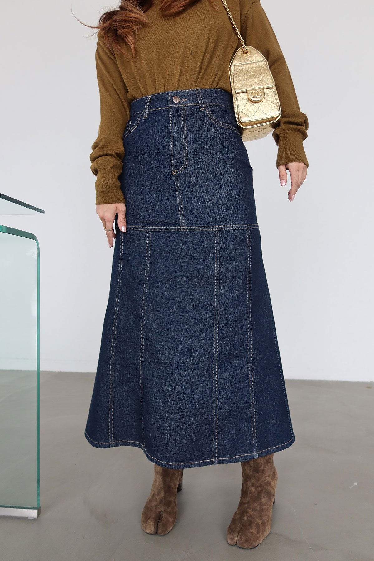 Kontrast Dikişli Uzun Denim Etek