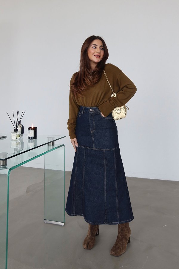 Kontrast Dikişli Uzun Denim Etek