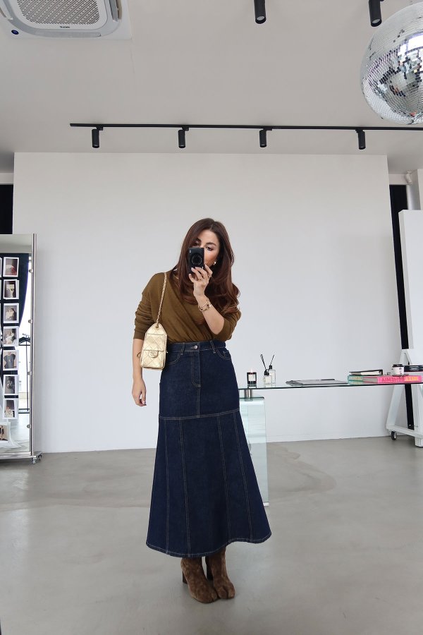 Kontrast Dikişli Uzun Denim Etek