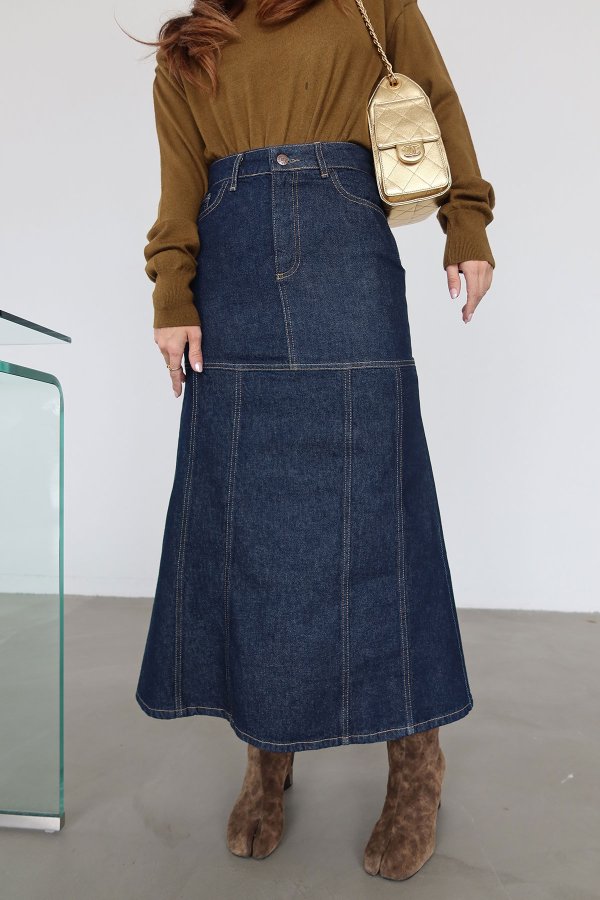 Kontrast Dikişli Uzun Denim Etek